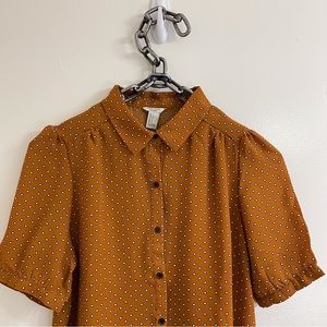 ❌SOLD❌ Forever 21 Mustard Brown Polka Dot Puff Sleeve Button Up Collar Blouse